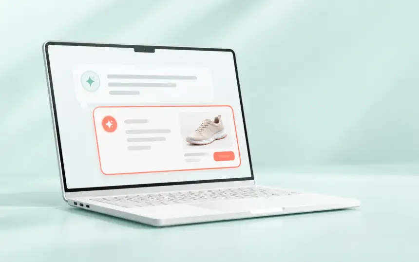 Laptop med en AI-assistent, der anbefaler en sneaker