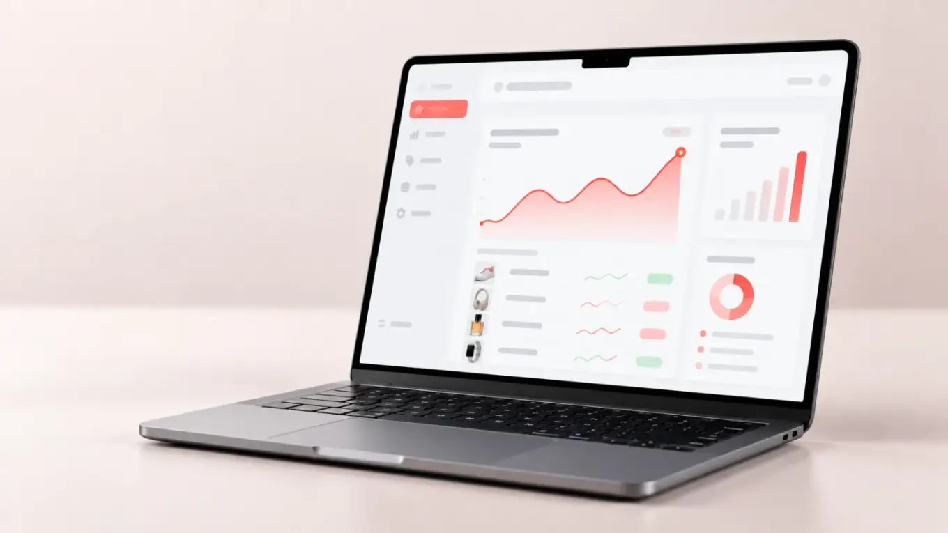 Laptop showing a sales analytics dashboard with a rising trend