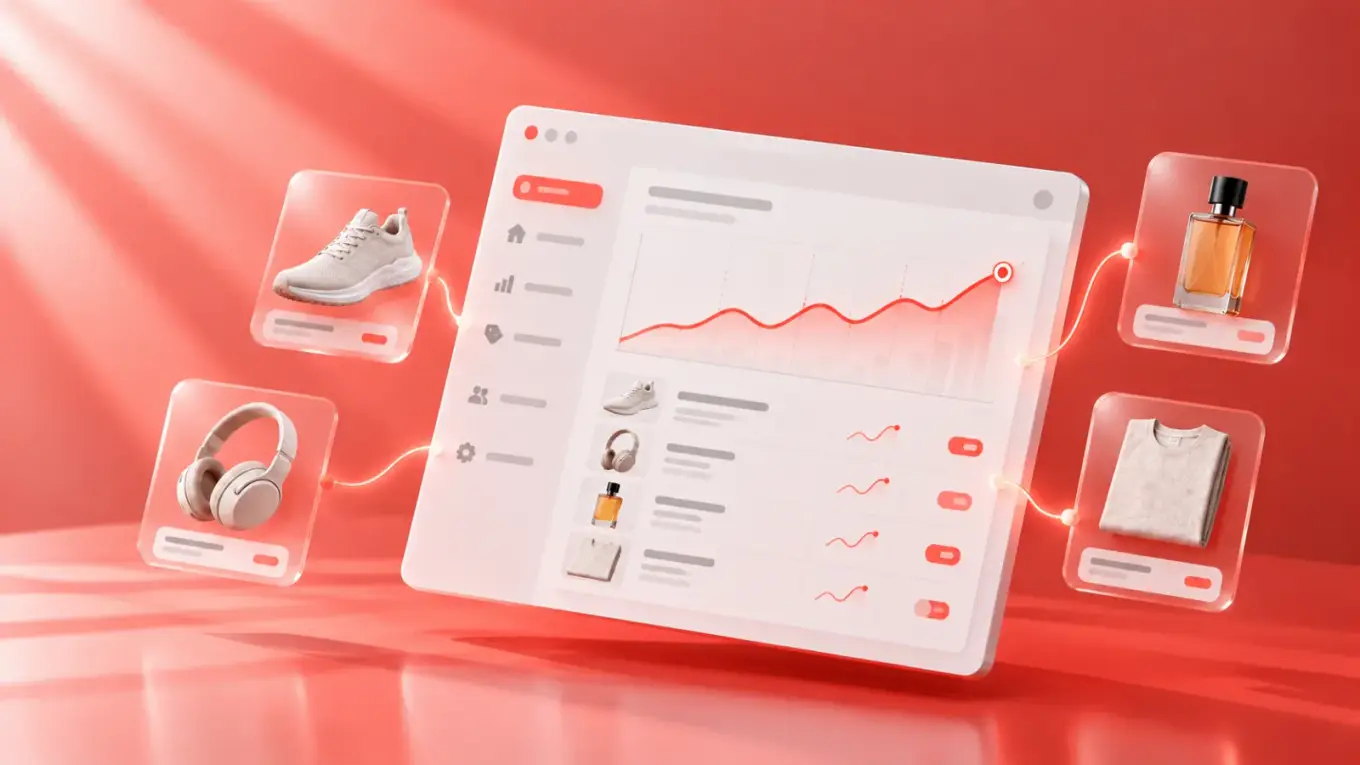 Analytics dashboard connected to floating product cards