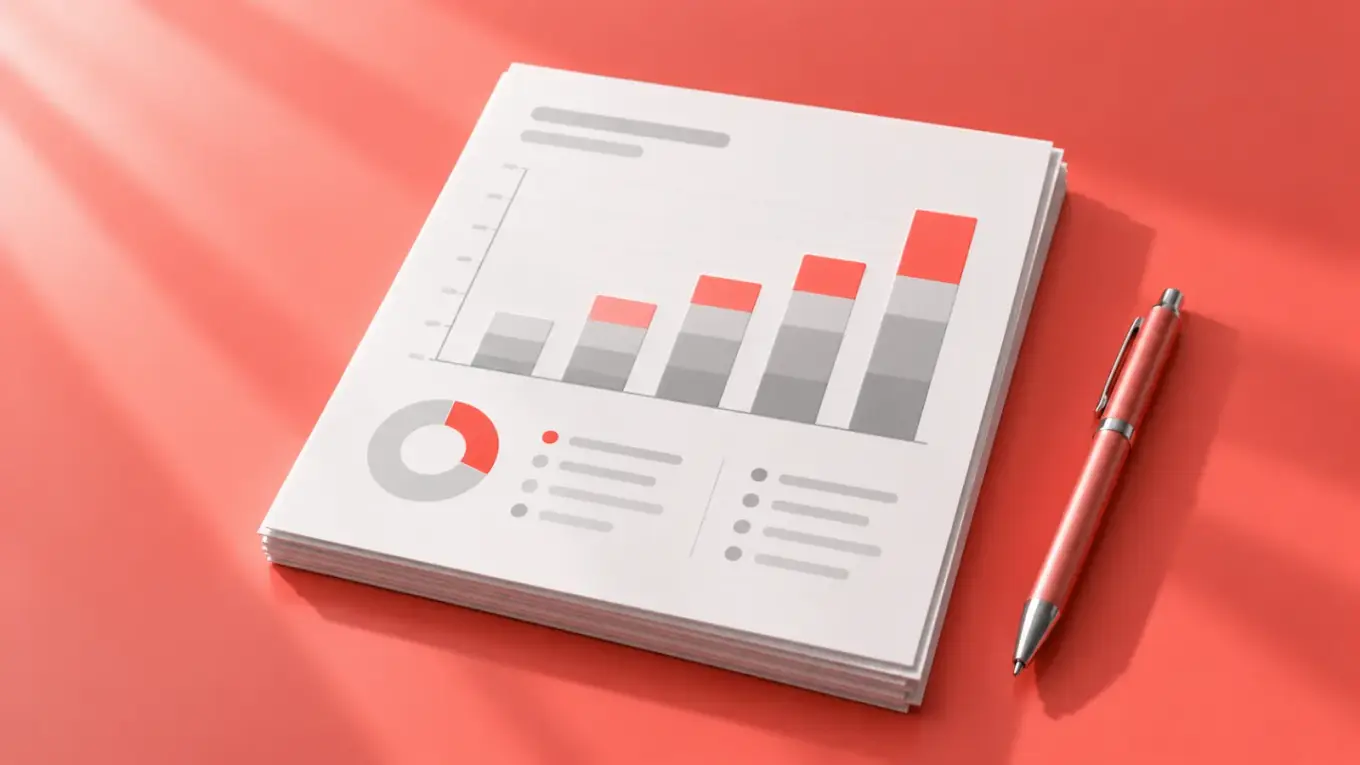 Printed report with a bar chart and a coral pen