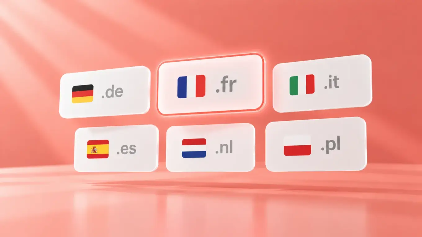 Floating cards with the country domains .de, .fr, .it, .es, .nl and .pl