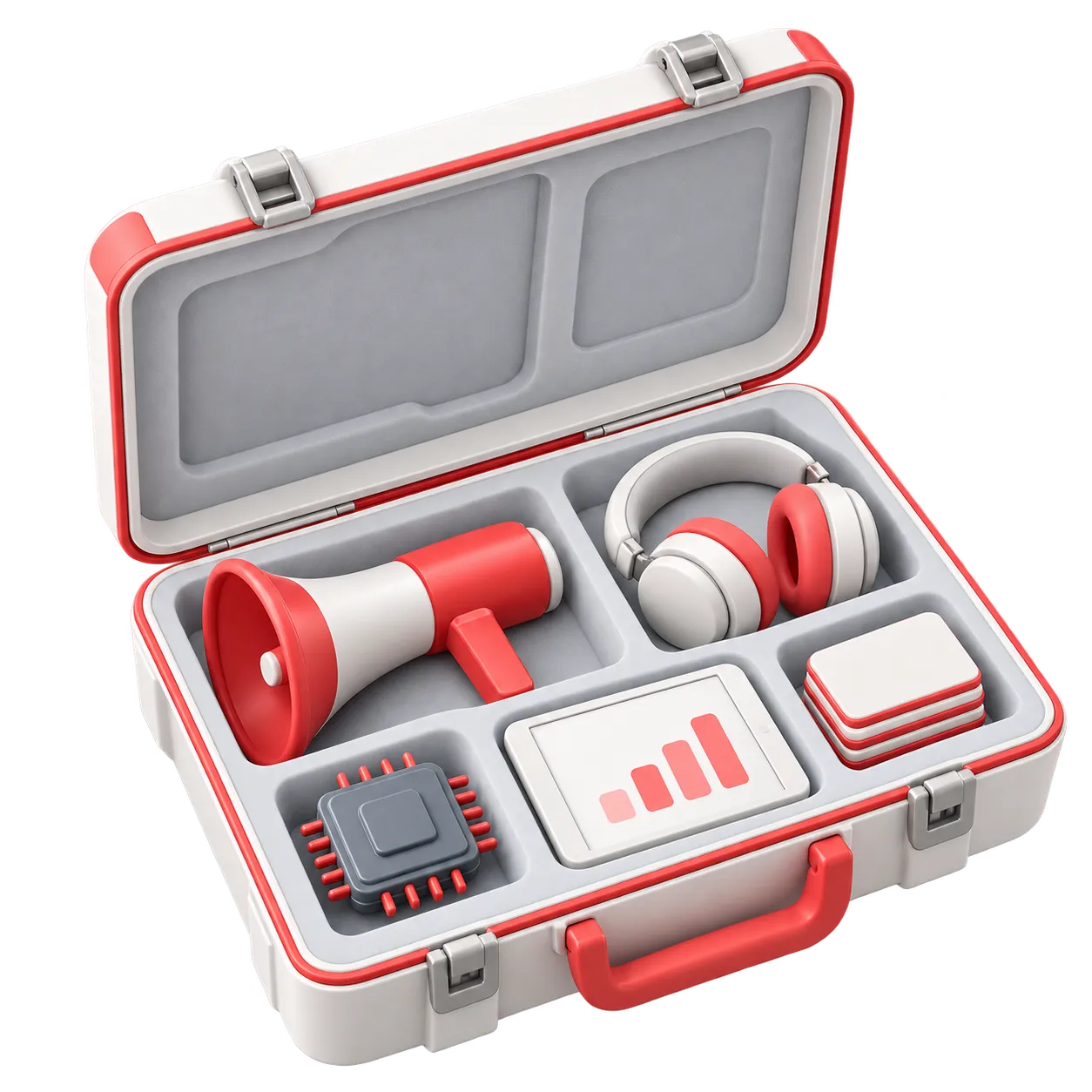 Open equipment case holding a megaphone, headset, AI chip, reporting tablet and feed cards: every service included in one CPA