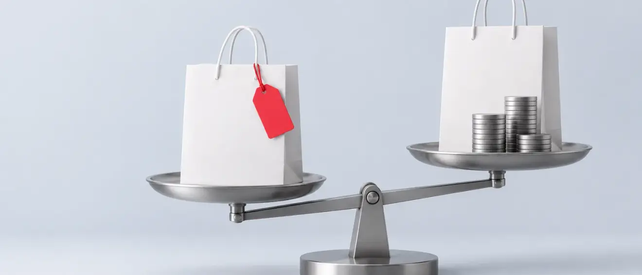 Balance scale weighing a shopping bag against coins