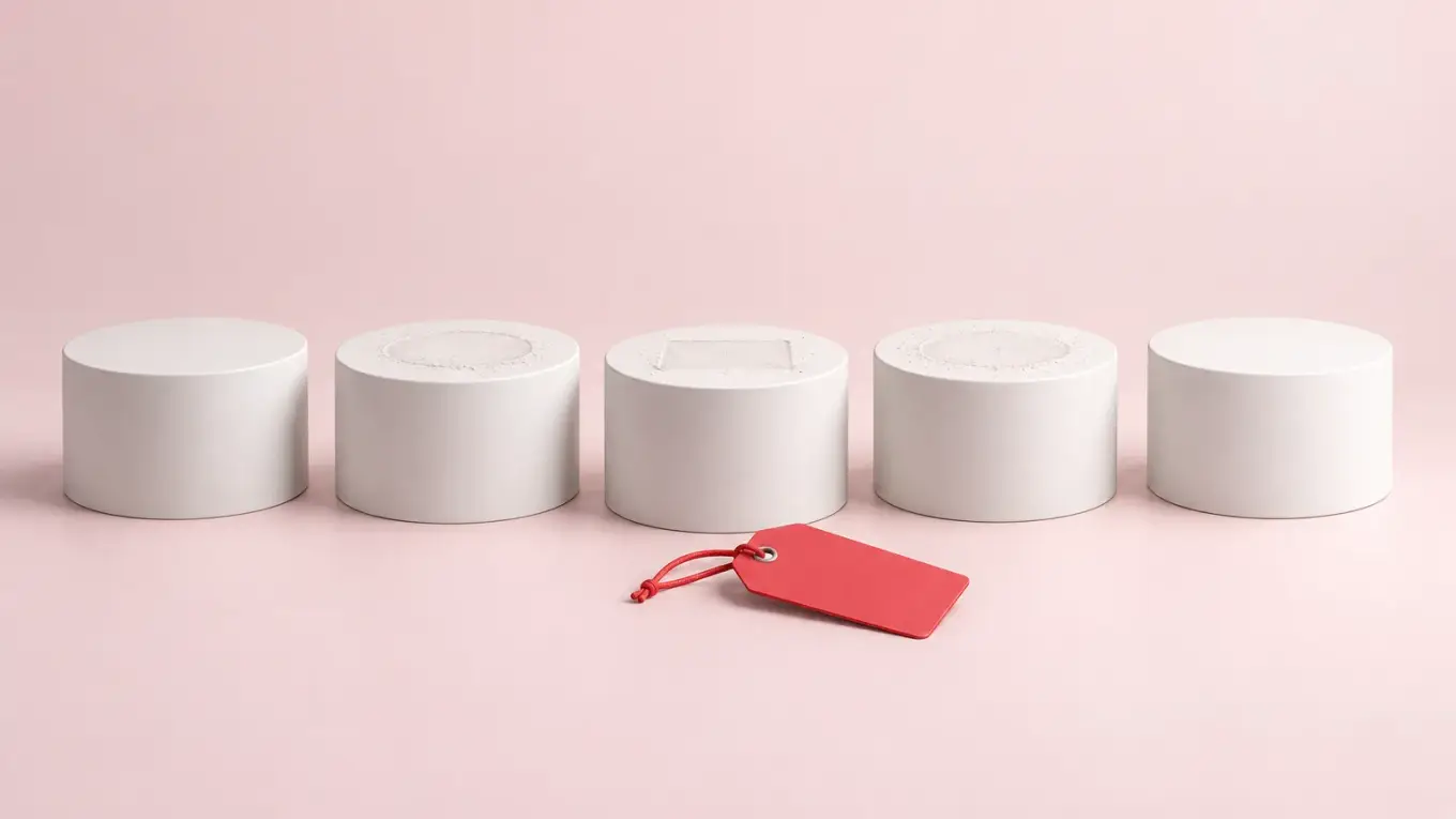 Row of empty white plinths with a red price tag in front