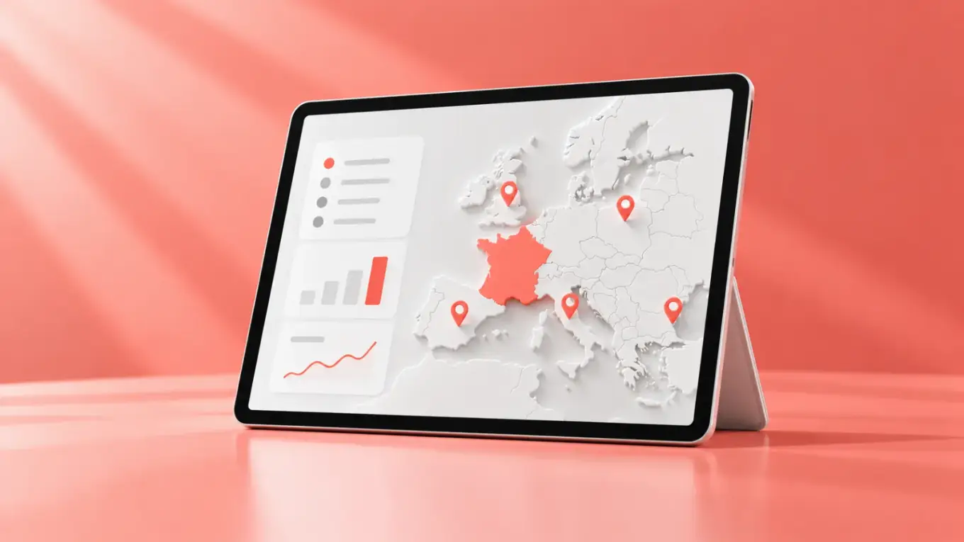 Tablet con una mappa dell’Europa, la Francia evidenziata e segnaposto dei mercati