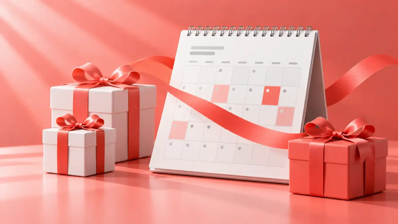 Bordkalender med markerede datoer, omgivet af gaveæsker