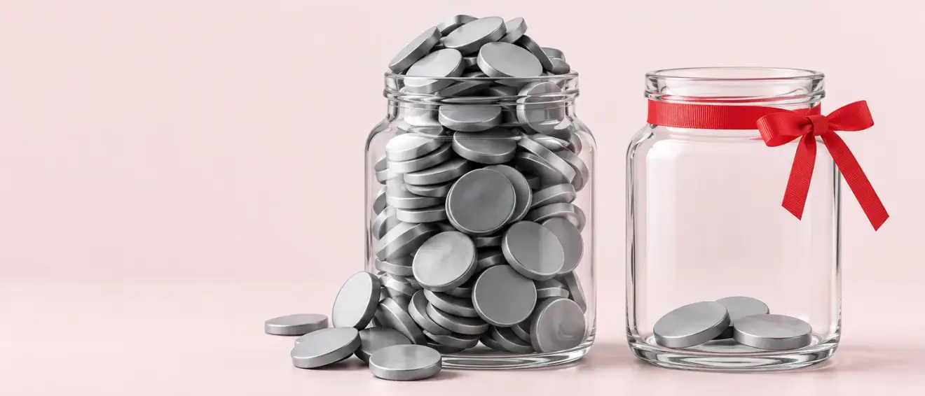 Dos tarros de cristal con monedas, uno lleno y otro casi vacío