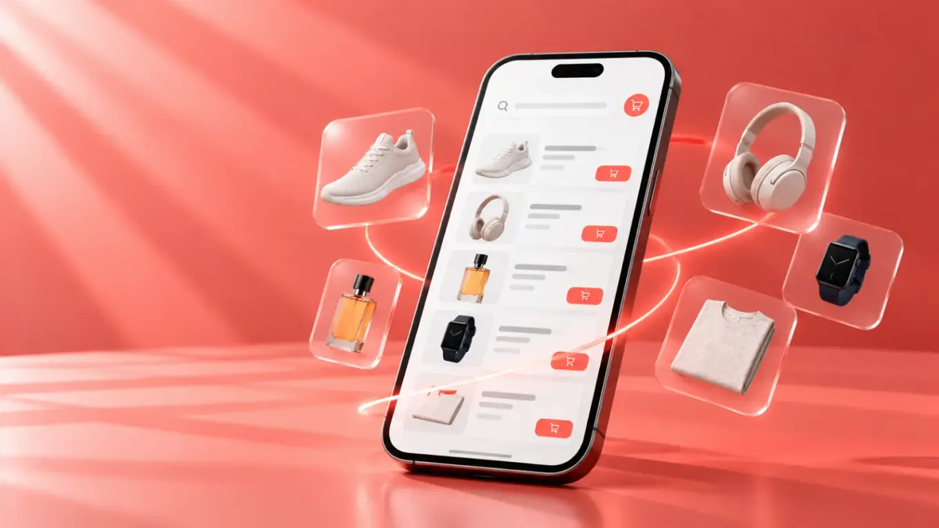 Smartphone con un elenco strutturato di prodotti e schede fluttuanti
