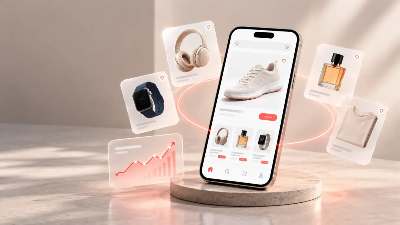 Smartphone shop surrounded by floating product cards