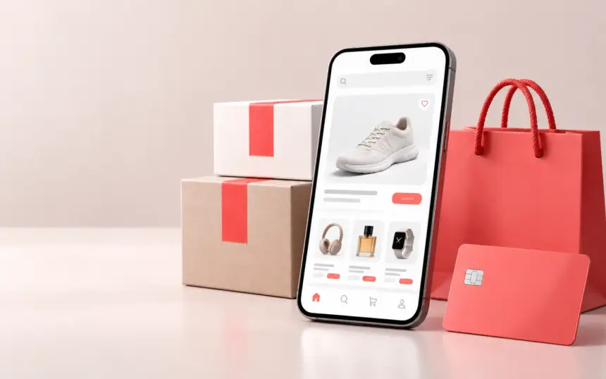 Smartphone shop app next to parcels, a shopping bag and a card