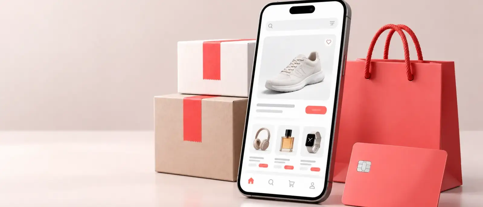 Smartphone shop app next to parcels, a shopping bag and a card