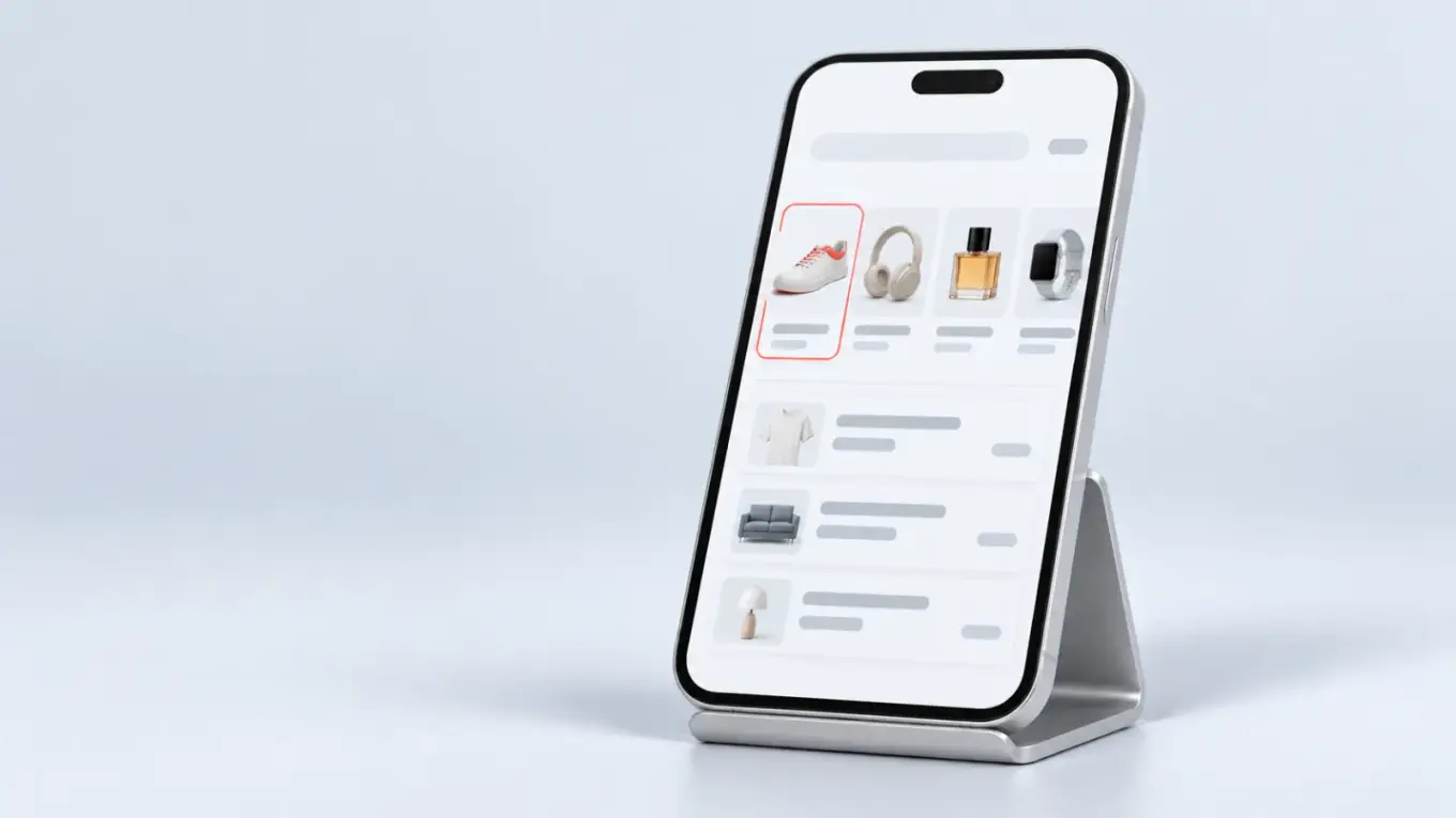 Smartphone on a stand showing a product carousel with one item highlighted