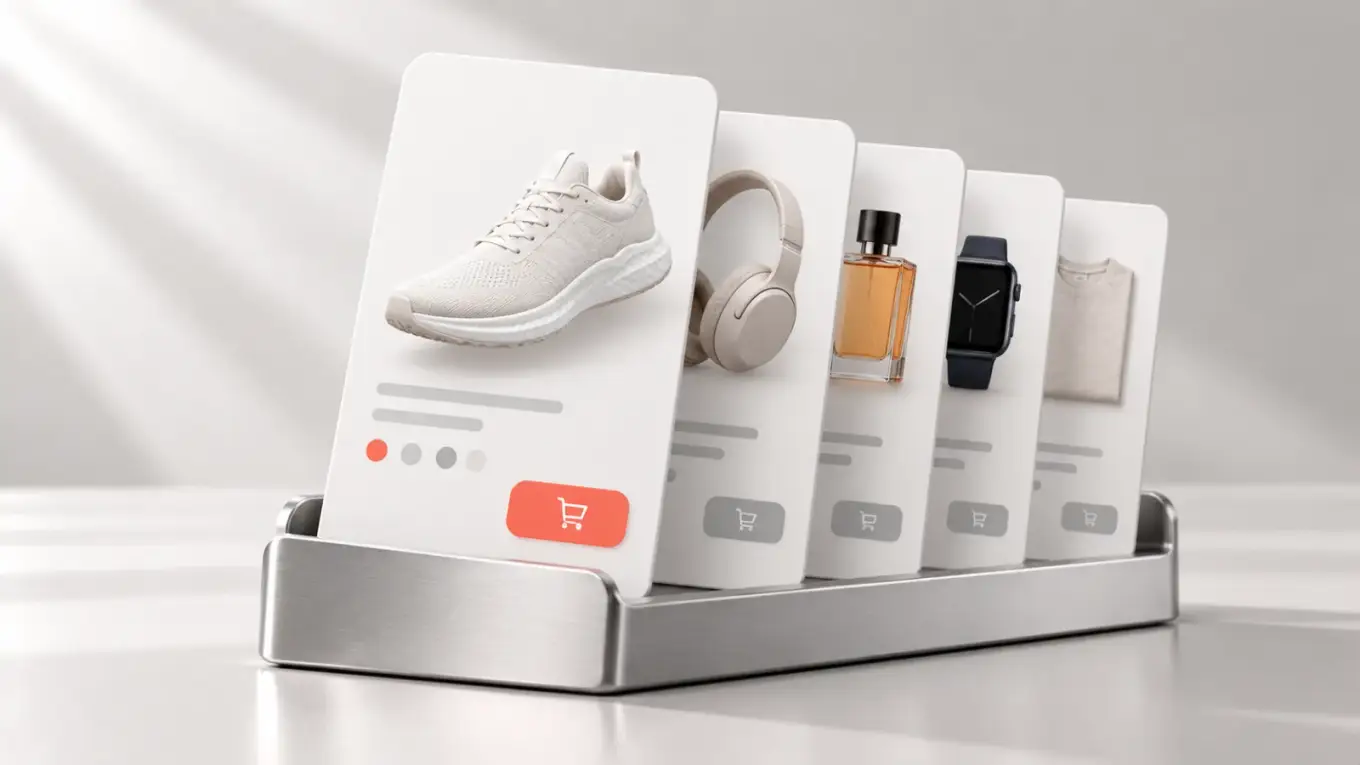 Row of product cards in a metal stand, a sneaker card in front