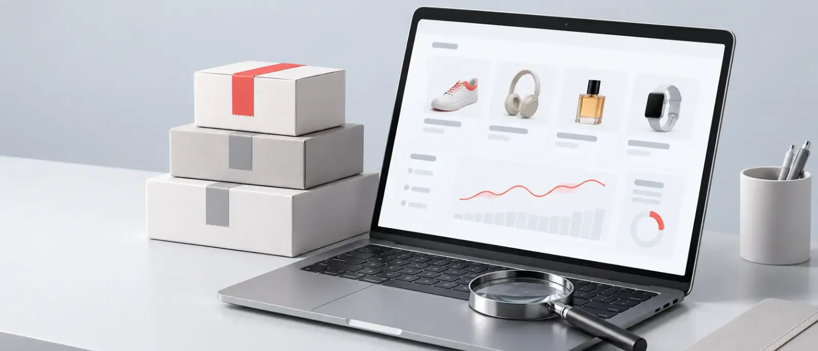 Laptop with a product catalogue, parcels and a magnifying glass