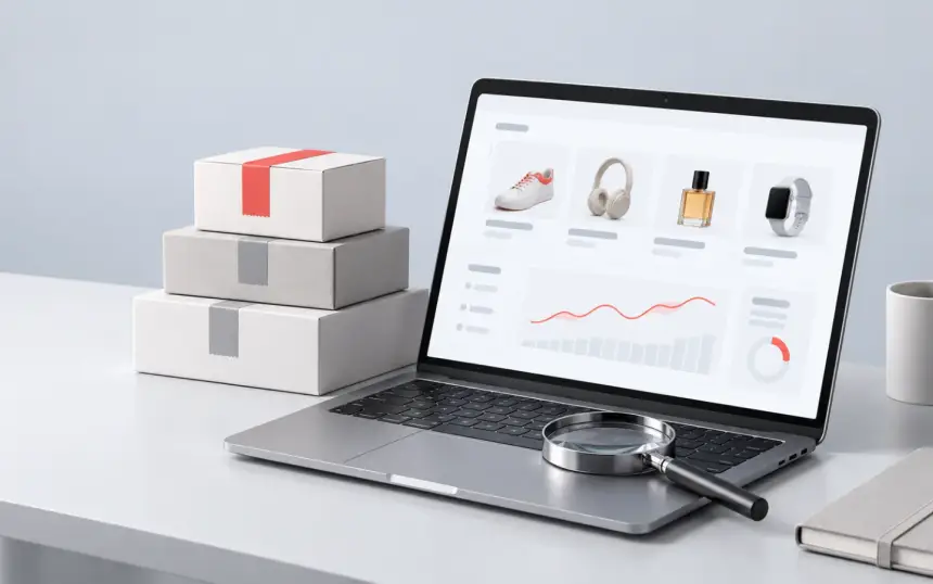Laptop med et produktkatalog, pakker og et forstørrelsesglas