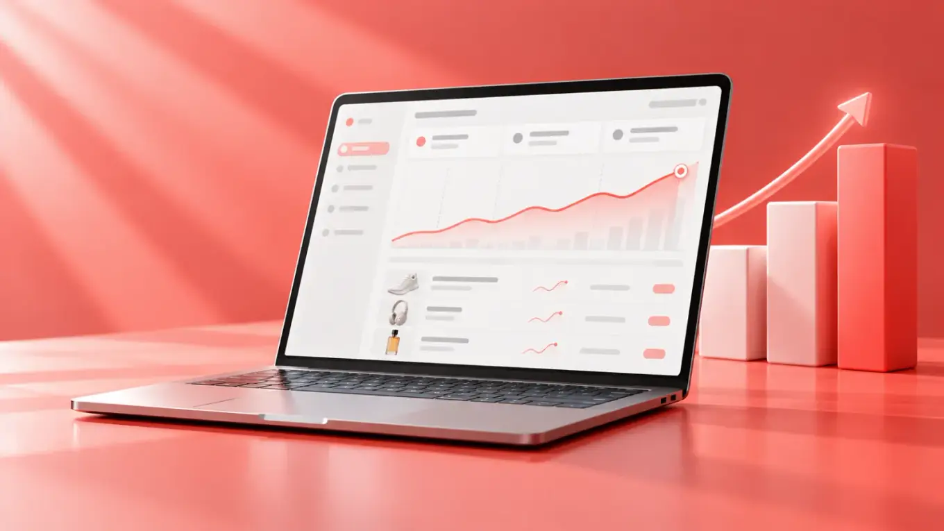 Laptop with a rising sales chart next to growing coral bars