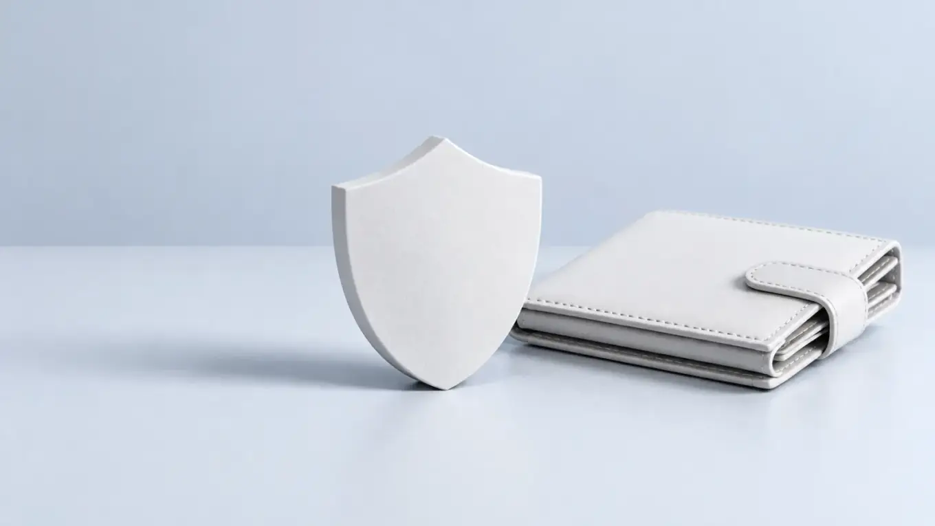 White shield standing next to a closed wallet
