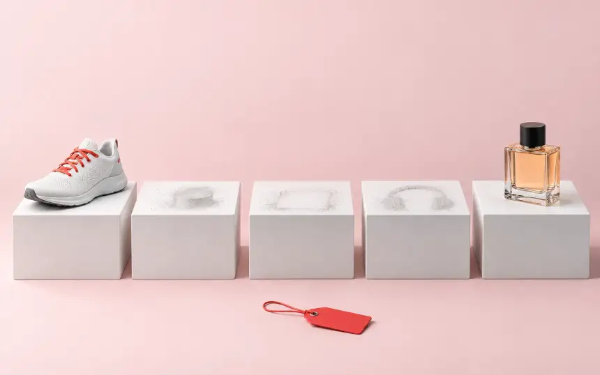Række sokler, hvor de midterste produkter er forsvundet og kun støvaftryk er tilbage