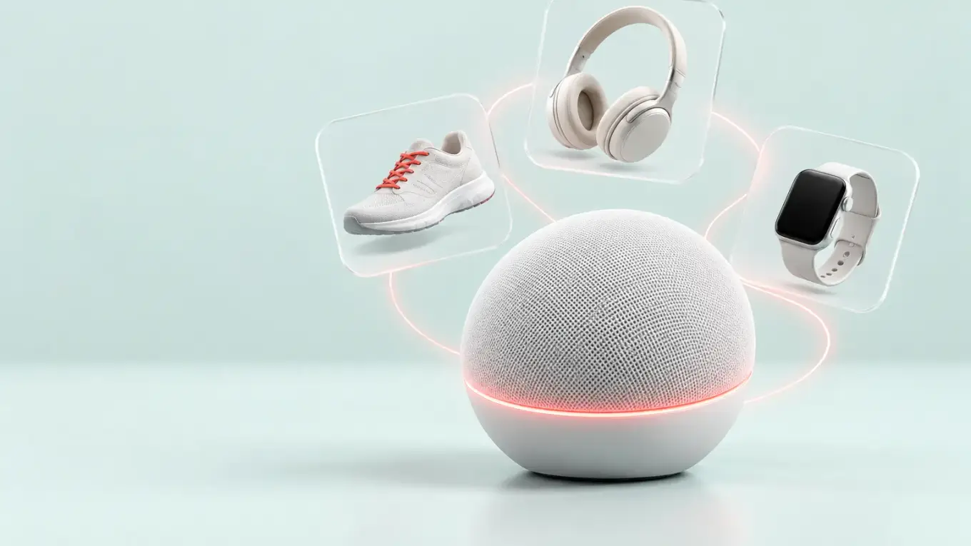 Smart speaker circondato da schede prodotto fluttuanti